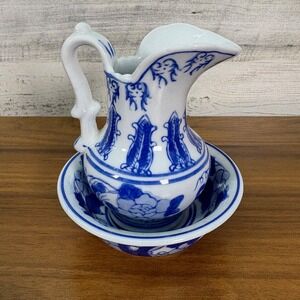 Victoria Ware Ironstone Small‎ Pitcher and Bowl Calico Cobalt Blue